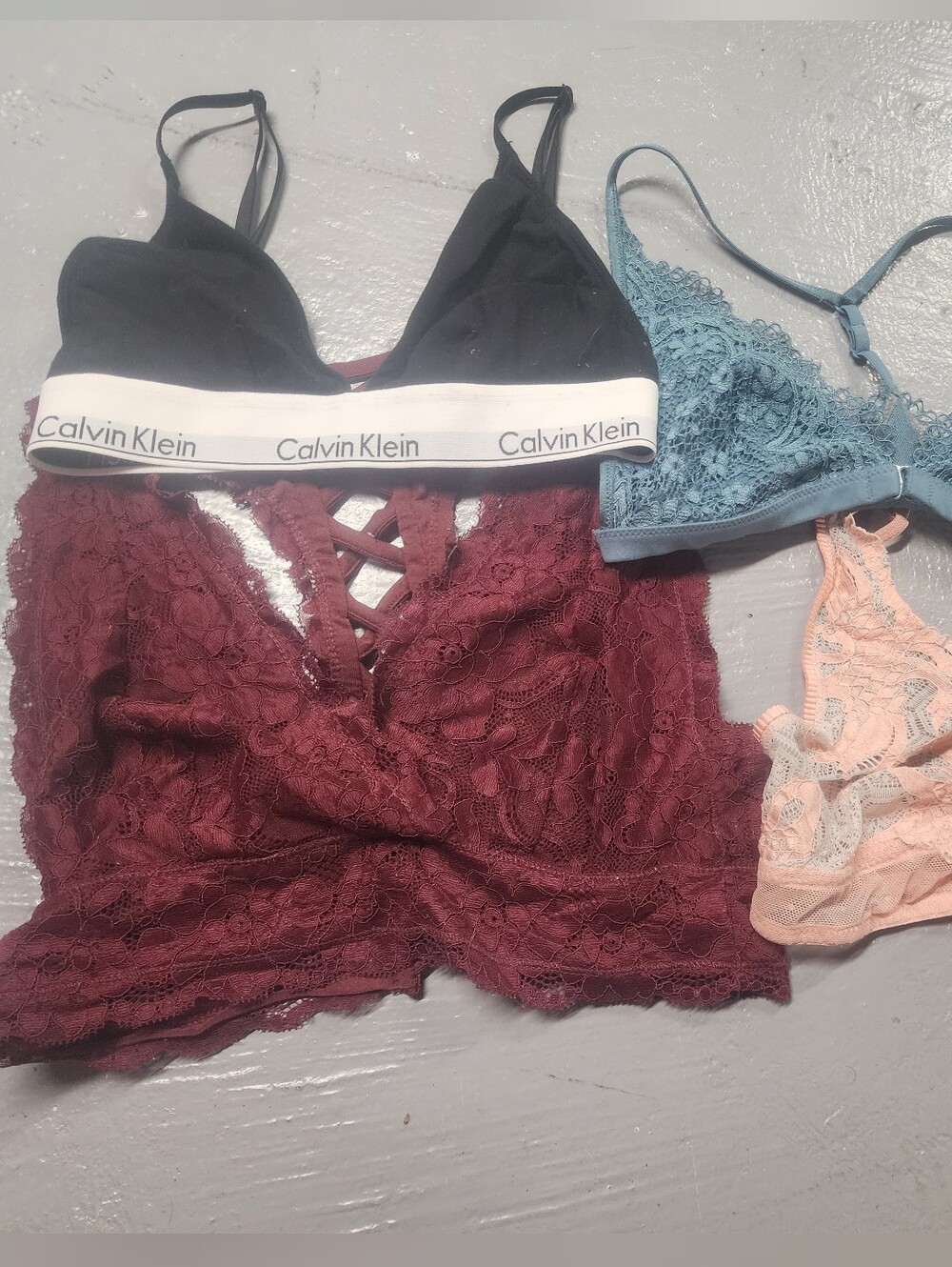Black Bralette with Burgundy, Dusty Blue & Blush Lace Set